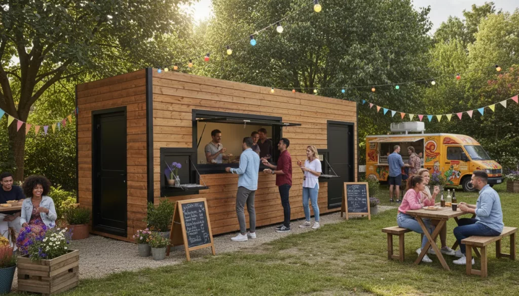 conteneur maritime aménagé en snack bar avec bardage en bois