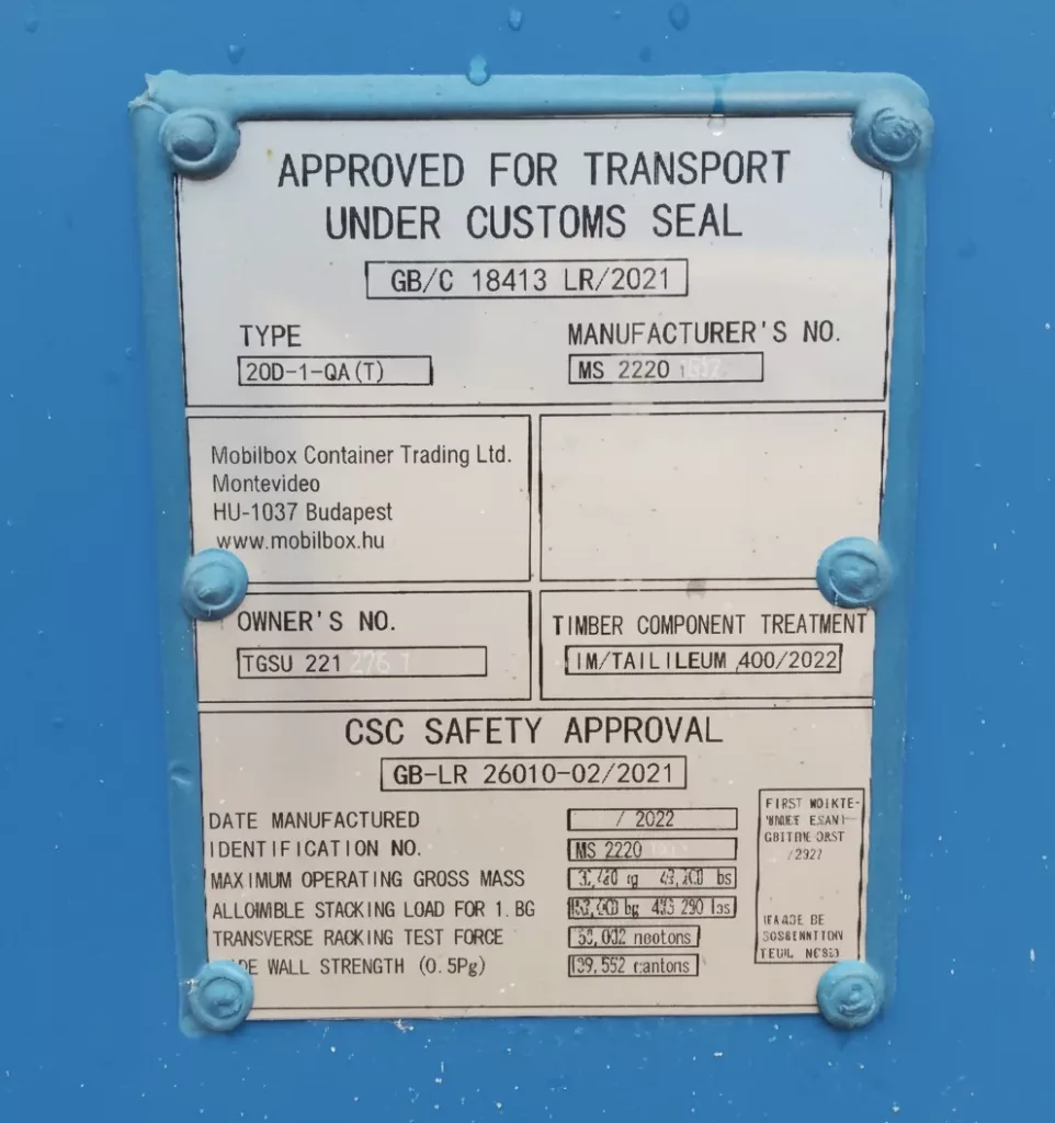 Plaque CSC d'un conteneur 