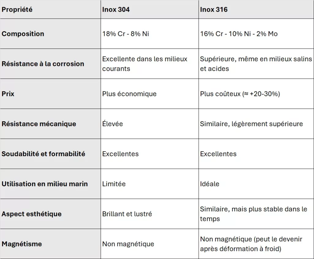 Tableau comparatif inox 304 et inox 316
